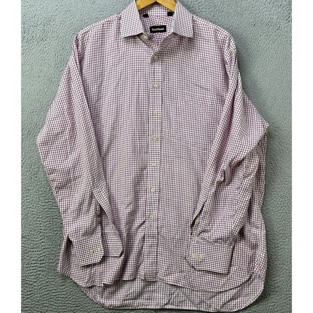 Paul Stuart Mens 17.5X35 Shirt Dress Pink Gingham Check Pocket Fast Shipping EUC